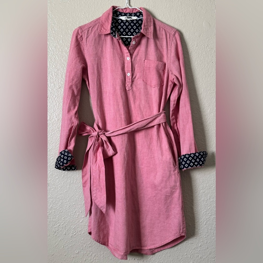W Sz.S Roll Tab Sleeve Belted Tunic/Shirt Dress Minimalist Office Dusty Red/Rose